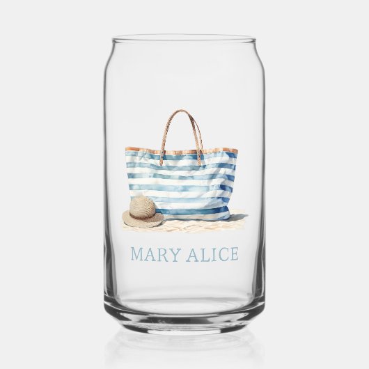 Coastal Blue en White Stripe Beach Tas Blikvorm Glas (Voorkant)