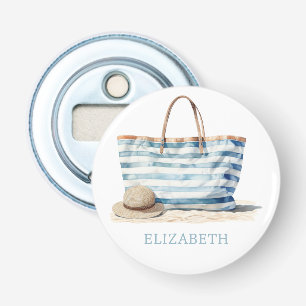 Coastal Blue en White Stripe Beach Tas Button Flesopener