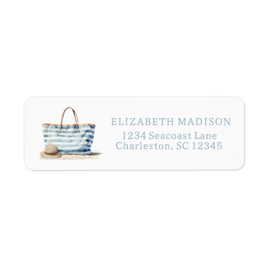 Coastal Blue en White Stripe Beach Tas Etiket (Voorkant)