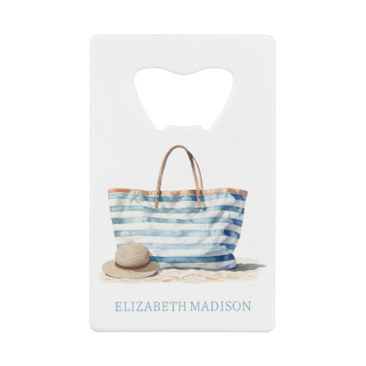 Coastal Blue en White Stripe Beach Tas Kredietkaart Flessenopener (Voorkant)