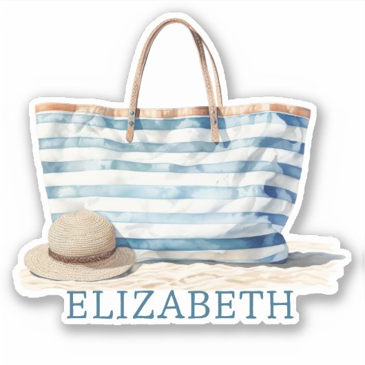 Coastal Blue en White Stripe Beach Tas Sticker (Voorkant)
