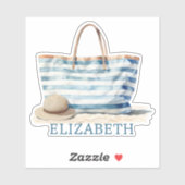 Coastal Blue en White Stripe Beach Tas Sticker (Vel)