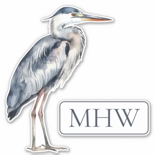Coastal Blue Heron Bird Monogram Sticker (Voorkant)