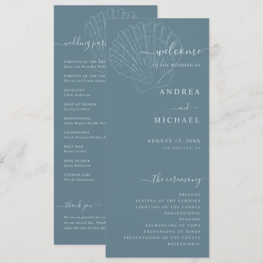 Coastal Blue Nautical Hand Drawn Seashell Wedding Programma (Voorkant / Achterkant)