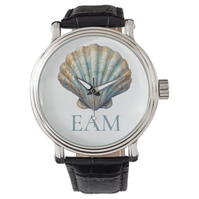 Coastal Blue Scallop Seashell Monogram Horloge (Voorkant)
