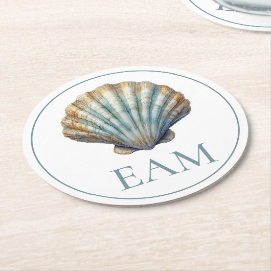 Coastal Blue Scallop Seashell Monogram Ronde Kartonnen Onderzetter (Gebogen)