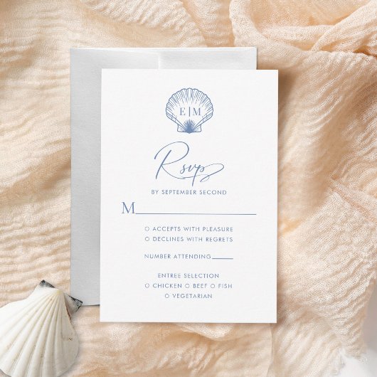 Coastal Blue Seashell Monogram Wedding RSVP Kaartje