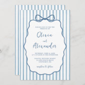 Coastal Blue Whimsical Stripe Bow Wedding Kaart (Voorkant / Achterkant)