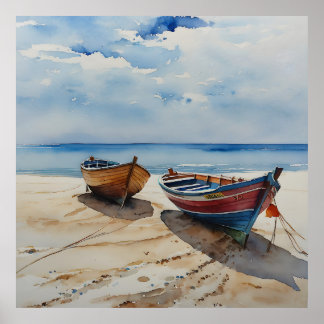 "Coastal Calm" Een rustgevende aquarel boot zeegez Poster