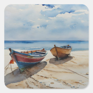 "Coastal Calm" Een rustgevende aquarel boot zeegez Vierkante Sticker