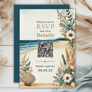 Coastal Chic Beach Wedding QR Code Details en RSVP Kaartje