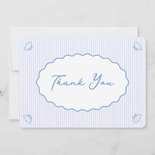 Coastal Chic Blauw & Witte Streep Shell Handgeschr Bedankkaart (Voorkant)