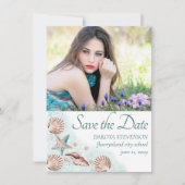 Coastal Chic | Blauwgroen en koraalrif Afstuderen  Save The Date (Voorkant)
