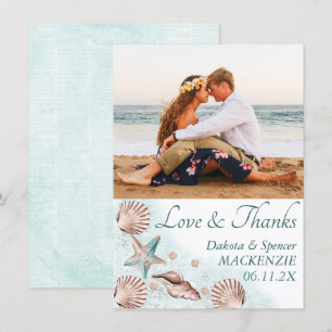 Coastal Chic   Blauwgroen en koraalrif Fotobruilof Bedankkaart