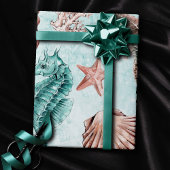 Coastal Chic | Blauwgroen en koraalrif pasteelpatr Cadeaupapier