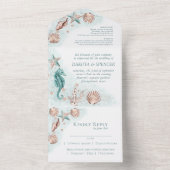 Coastal Chic | Blauwgroen en Roos goudhuwelijk All In One Uitnodiging (Binnen)