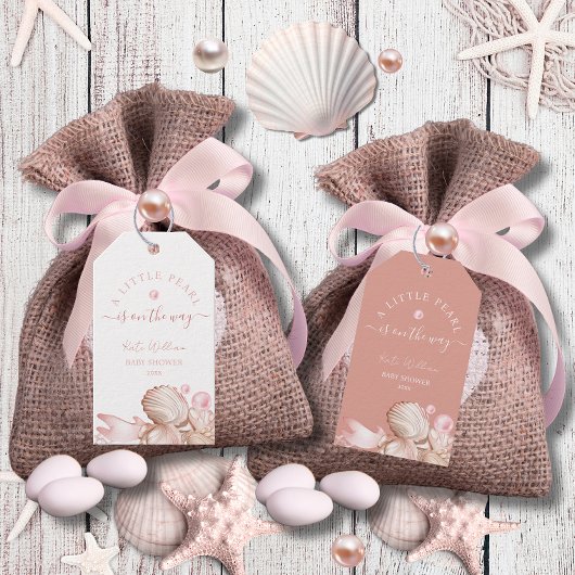 Coastal chic blush roze parel Baby shower Cadeaulabel