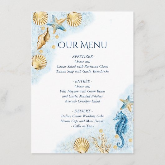 Coastal Chic | Modern koraalrif bruiloft Menu (Voorkant)