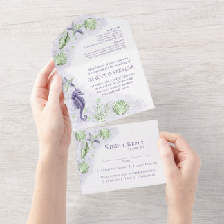 Coastal Chic | Paars en groen koraalrif weddenscha All In One Uitnodiging