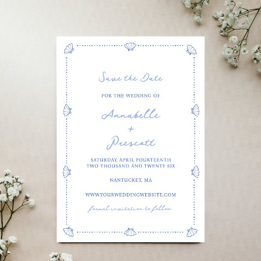 Coastal Chic Shell Border Geen foto Blauwe bruilof Save The Date