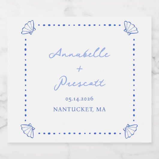 Coastal Chic Shell Border Gepersonaliseerde bruilo Sparkling Wijnetiket (Enkel label)