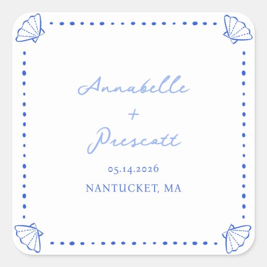 Coastal Chic Shell Border Gepersonaliseerde bruilo Vierkante Sticker (Voorkant)