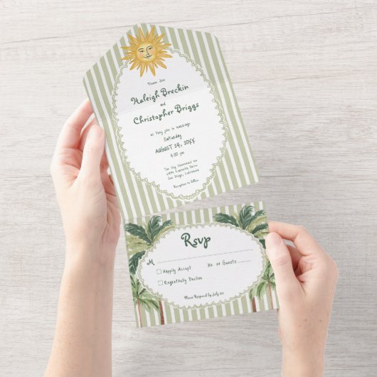 Coastal Chic Sun Palm Tree Wedding All In One Uitnodiging (Afscheurbaar)