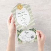 Coastal Chic Sun Palm Tree Wedding QR Code All In One Uitnodiging (Afscheurbaar)