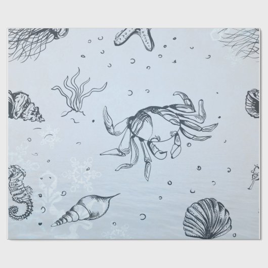 Coastal Christmas Beach Zee Creatures Blue Cadeaupapier (Vlak)