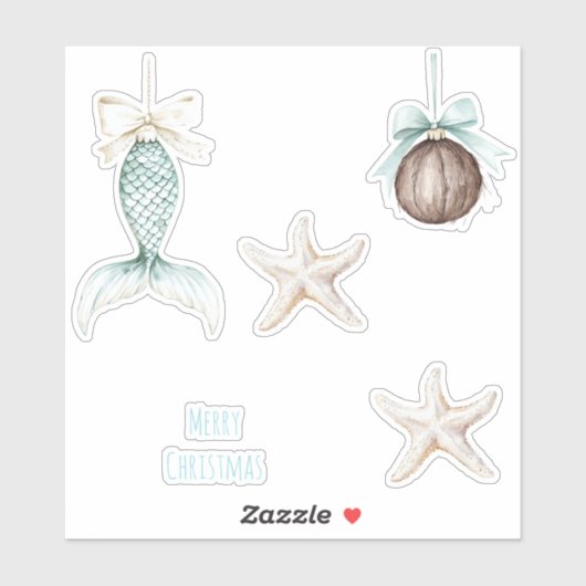 Coastal Christmas Mermaid Bow Starfish Beach Sticker (Vel)