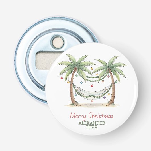 Coastal Christmas Palm Trees With Hammock Button Flesopener (Voorkant)