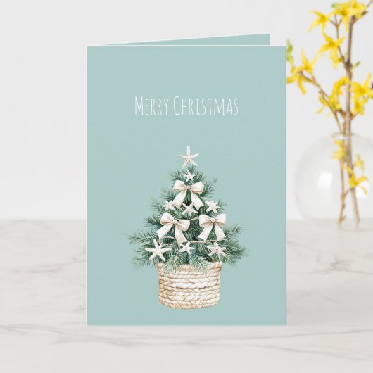 Coastal Christmas Tree Bows Blue Beach Ocean Kaart (Gele Bloem)