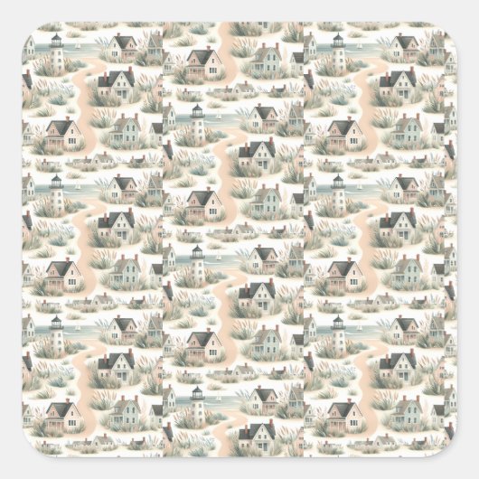 Coastal Cottage Lighthouse Pattern Vierkante Sticker (Voorkant)