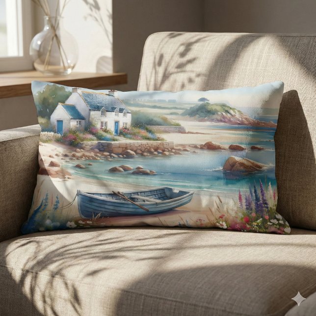 Coastal Cottage Seaside Rowboat Bloom Kussen (Coastal Cottage Seaside Rowboat Bloom Lumbar Pillow Mockup A)