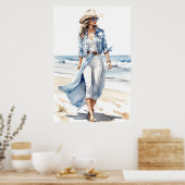 Coastal Cowgirl Blauw, Wit & Denim Waterverf Poster (Keuken)