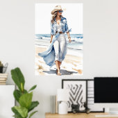 Coastal Cowgirl Blauw, Wit & Denim Waterverf Poster (Thuiskantoor)
