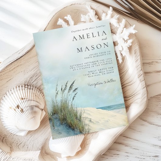 Coastal Dune Sea Grass Beach Wedding Invitation Kaart