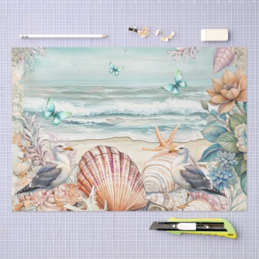 Coastal Floral Seagulls & Seashells Decoupage Tissuepapier (Craft)