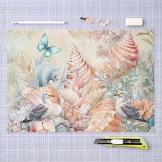 Coastal Floral Seagulls & Seashells Decoupage  Tissuepapier (Craft)
