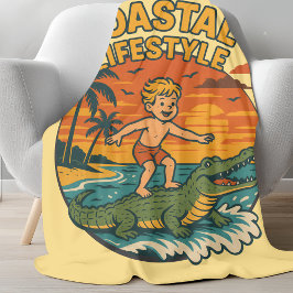 Coastal Gator Alligator Surfing | Retro Surf Beach Fleece Deken