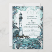 Coastal Lighthouse Wave Wedding Kaart (Voorkant)