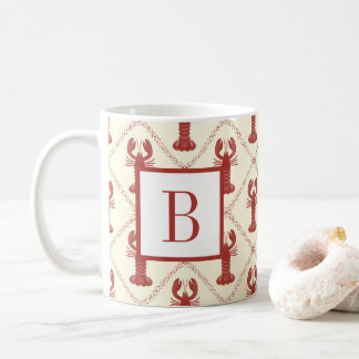Coastal Lobster Red Cream Diamond Initial Monogram Koffiemok
