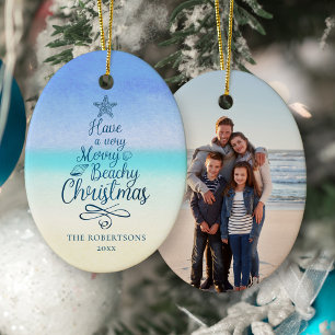 Coastal Merry Beachy Christmas Script Foto Keramisch Ornament