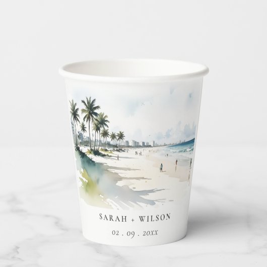 Coastal Miami Beach Palm Tree Waterverf Bruiloft Papieren Bekers (Achterkant)
