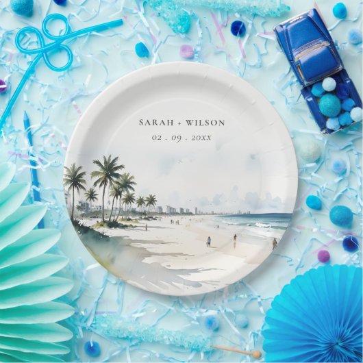 Coastal Miami Beach Palm Tree Waterverf Bruiloft Papieren Bordje (Feest)