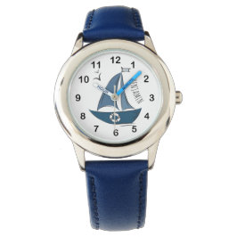 Coastal Nautical Blue Sailboat & Custom Name Horloge