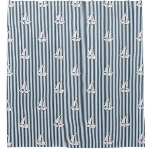 Coastal Nautical Sailboats on Blue Stripes Douchegordijn (Voorkant)