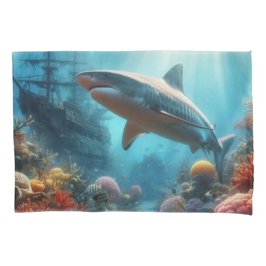 Coastal/nautical tiger shark & coral reef kussensloop (Voorkant)