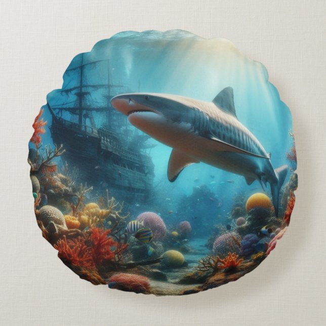 Coastal/nautical tiger shark & coral reef rond kussen (Voorkant)