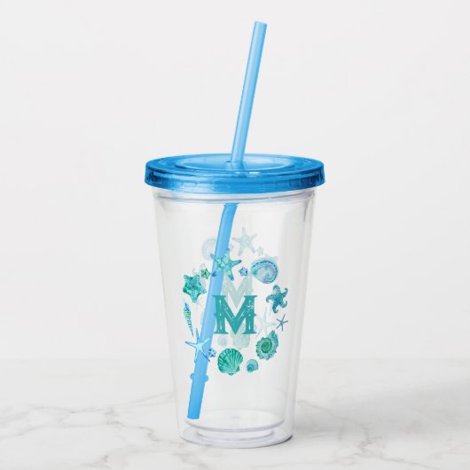 Coastal Ocean Blue Seashells en Starfish Monogram Acryl Drinkbeker (Achterkant)
